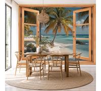 NAWVNMI Papier peint panoramique Plage Tropicale 400 x 280cm - Revêtement mural décoration chambre salon - Design moderne - Bleu Vert Beige - Palmiers Sable vue depuis la fenêtre