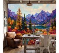 NAWVNMI Papier Peint Panoramique Soie 250 x 175cm - Peinture À L'Huile Paysage D'Automne - Poster Mural Hautes Montagnes Lacs pour Tête de Lit, Salon, Chambre - Fresque Murale Décoration