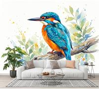NAWVNMI Papier Peint Panoramique Soie Salon, Aquarelle Fleurs, 300 x 210cm Murales, Revêtement Mural Papiers Peints, Grand Poster Mural Martin-Pêcheur Arbre Salon Chambre Décoration