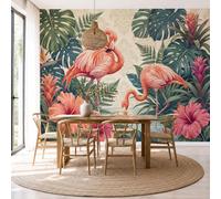 NAWVNMI Papier Peint Panoramique Tropical Animal Fleur Soie 400 x 280cm Papier Peint Géant 3D Salon Chambre Salle à Manger Chambre Décoration Murale - Flamant Monstera Deliciosa