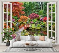 NAWVNMI Papier Peint Photo Soie, Jardin Japonais Étang Érable, 200 x 140cm, Papier Peint Soie de Haute Qualité, pour Salon et Chambre, Revêtement Mural, Design unique et moderne, Vert Rouge
