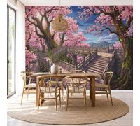 NAWVNMI Papier Peint Soie Anime Paysage 450 x 315cm Papier Peint Panoramique Grandes Poster Mural Photo pour Salon, Chambre, Décor Fond TV - Effet 3D - Fleurs De Cerisier Escaliers En Pierre Couloir
