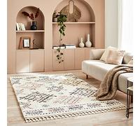 Nazar, Berbere Tapis shaggy à motifs losanges géométriques, lavable, poils longs, 160 x 230 cm, crème