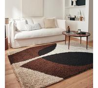 Nazar Tapis Moderne Shaggy, Creme, Marron, Poils Long, Motif geometrique, Tapis Salon, Tapis Arc (1061 Marron, 120x160 cm)