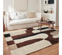 Nazar Tapis Moderne Shaggy, Creme, Marron, Poils Long, Motif geometrique, Tapis Salon, Tapis Arc (1063 Marron, 120x160 cm)