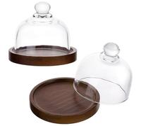 nbeads 2 Pcs Petit Présentoir à Gâteaux avec Base en Bois, Support a Gateau en Rond Cloche en Verre Transparent pour Dessert, Fromage, Bonbons, Plantes Succulentes, 10.4×10.4×9cm