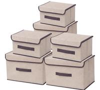 NCRGB Boite de Rangement avec Couvercle,Boite Rangement Tissu,Cube de Rangement tissu,Pliantes,Boîtes de Rangement pour placards,Vêtements,Penderies,Jouets (6pack:26cm/3pack+36cm/3pack, Beige Blanc)