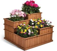 needs&wants® Multi parterre surélevé avec 4 jardinières carrées en bois pour jardin balcon terrasse, 4 parterre de plantes parterre de fleurs bas avec film plastique, brun