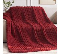 Negwoo Jeté en tricot épais de 127 x 152,4 cm en fil chenille pour lit ou canapé - Couverture épaisse faite à la main au crochet rouge, lavable en machine, jolie couverture confortable pour décoration