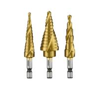 NEIKO 10181A Lot de 3 forets étagés rainurés en spirale pour un perçage plus rapide, forets étagés pour acier inoxydable, métal, bois, plastique, forets coniques Unibit avec 31 tailles au total
