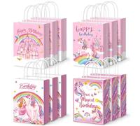 Neloheac 12 Sacs Cadeau Anniversaire en Papier Licorne Poignée pour Fille | 21 x 15 x 8 cm, 4 Motifs Arc-en-Ciel, Princesse, Château, Jolies Petites Pochettes Roses à Cadeaux pour Fête, Cadeaux Invité