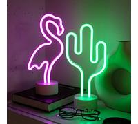NELUX Pack de 2 Cactus et Flamant - Néon LED Mural, Lampe Neon Gaming Chambre Decoration, Enseigne Lumineuse Setup Gamer. Connexion batterie ou USB