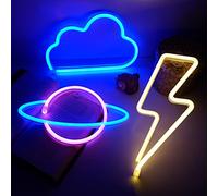 NELUX Pack de 3 Éclair, Planète et Nuage - Néon LED Mural, Lampe Neon Gaming Chambre Decoration, Enseigne Lumineuse Setup Gamer. Connexion batterie ou USB.
