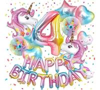 Nenluny Décorations de fête d'anniversaire licorne pour filles - Ballons licorne rose arc-en-ciel - Bannière d'anniversaire en forme de cœur et d'étoile - Ballons en aluminium - Fournitures