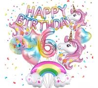 Nenluny Décorations de fête d'anniversaire licorne pour filles - Ballons licorne rose arc-en-ciel - Bannière d'anniversaire en forme de cœur et d'étoile - Ballons en aluminium - Fournitures