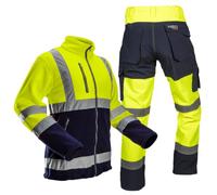 NEO TOOLS Ensemble Pantalon de Travail Haute Visibilité + Veste Polaire de Travail Homme - Pantalon Imperméable (Colonne d'eau 8000 mm) en Softshell avec Doublure Polaire - Jaune, S-XXL