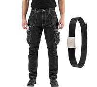 NEO TOOLS Pantalon de travail en denim pour homme avec ceinture - Pantalon de travail résistant et polyvalent avec plusieurs poches - Pantalon de travail en jean stretch pour homme, Noir , 48