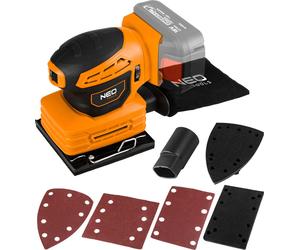 NEO TOOLS Ponceuse multi-usages 3 en 1, Système professionnel sans fil 18V Ponceuse excentrique sans batterie Réservoir à poussière, Pied carré