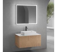 neoro n50 line Meuble bas l: 100 cm avec 1 tiroir, façade en chêne striée, vasque l : 58 cm, blanc mat, avec armoire de toilette n60, BN0065WM+BN0463BPO+BN0403C1+BN0493MI,