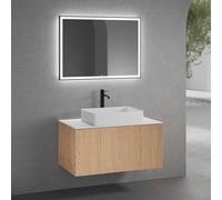 neoro n50 Meuble bas l: 100 cm, 1 tiroir, façade en chêne lisse, vasque l: 58 cm, blanc mat, plan de toilette blanc mat, avec miroir, BN0065WM+BN0433BFO+BN0403WM+BN0016MI,