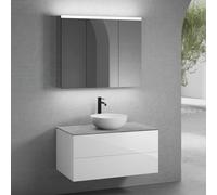 neoro n50 Meuble bas l: 100 cm, 2 tiroirs, vasque Ø 40 cm blanc mat, avec armoire de toilette,, BN0064WM+BN0423WH+BN0403C3+BN0474MI,