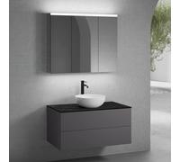 neoro n50 Meuble bas l: 100 cm, 2 tiroirs, vasque Ø 40 cm blanc mat, avec armoire de toilette,, BN0064WM+BN0423GR+BN0403C2+BN0474MI,