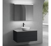 neoro n50 Meuble bas l: 100 cm, 2 tiroirs, vasque Ø 45 cm blanc mat, avec armoire de toilette,, BN0106WM+BN0423BM+BN0403C3+BN0474MI,