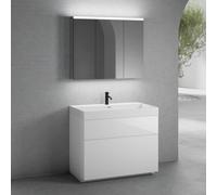neoro n50 Meuble bas l : 100 cm, 2 tiroirs, vasque blanc mat avec 1 trou percé, avec armoire de toilette,, BN0139WM+BN0443WH+BN0474MI,