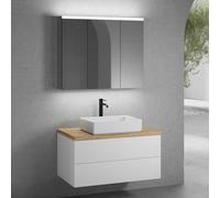 neoro n50 Meuble bas l : 100 cm, 2 tiroirs, vasque l : 58 cm blanc mat, avec armoire de toilette,, BN0065WM+BN0423WM+BN0403W1+BN0474MI,