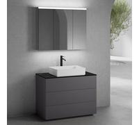 neoro n50 Meuble bas l: 100 cm, 3 tiroirs, vasque l: 58 cm blanc mat, avec armoire de toilette,, BN0065WM+BN0453GR+BN0403C2+BN0474MI,