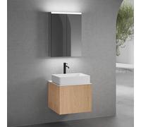 neoro n50 Meuble bas l: 60 cm, 1 tiroir, façade en chêne lisse, vasque l: 58 cm blanc mat, plan de toilette blanc mat, avec armoire de toilette, BN0065WM+BN0431BFO+BN0401WM+BN0472MI,