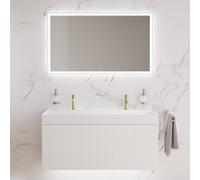 neoro n50 stripes Meuble bas l: 120 cm, 1 tiroir, blanc chaud strié, avec miroir, plan vasque cube, BN0146WM+BN0494BWM+BN0029MI,