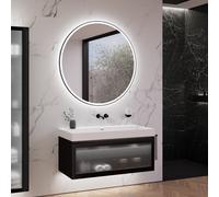 neoro n80 albus Meuble bas l: 120 cm avec 1 tiroir, façade en verre striée, avec miroir, vasque cube, BN0136WM+BN0434PG+BN0024MI,