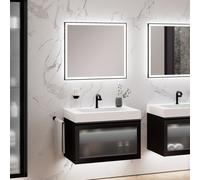 neoro n80 albus Meuble bas l: 80 cm avec 1 tiroir, façade en verre striée, avec miroir, vasque area, BN0153WM+BN0432PG+BN0015MI,