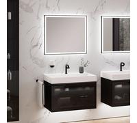 neoro n80 fumo Meuble bas l: 80 cm, avec 1 tiroir, façade en verre Parsol, avec miroir, vasque cube, BN0143WM+BN0432SG+BN0015MI,