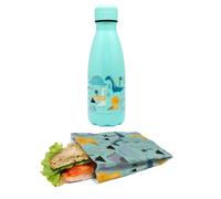 NERTHUS FIH 1654 Set Enfant Dinosaures - Pochette Sandwich Réutilisable + Bouteille Isotherme Inox 350 ml - Sac Pliable et Gourde Étanche pour École et Sorties