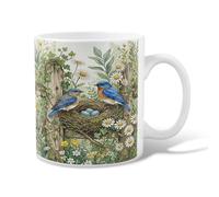 Nest Tasse à café en céramique avec poignée Motif oiseaux naturels et marguerites Vert 325 ml