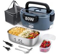 NestDin Boîte à déjeuner électrique 80 W pour adultes, boîte à déjeuner chauffante en acier inoxydable de 1,5 L, 12 V/24 V/110 V Boîte à déjeuner chauffante portable pour voiture/camion/bureau