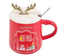 NESTINGHO Mug Pendant les Fêtes de Noël avec Couvercle et Cuillère en Céramique Capacité 380ml, Design Cerf Adorable, pour Café et Thé