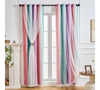 NETMEO Rideaux pour Filles, thème Princesse Licorne, décoration de Chambre, Double Couche, étoiles Creuses, Accessoires de Salon (Rose Violet Vert, 132L X 182H cm)