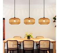 Nettlife Plafonnier Suspendu 3 Têtes Rotin, Luminaire Boho Chic E27, Décoration Rétro, Éclairage Intérieur pour Restaurant Café (Sans Ampoule)