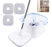 Nettoyant à microfibres avec seau - Mop pour sols - Microfibre - Tige en acier inoxydable - Système d'essorage à quatre côtés - Centrifuge rotative - Blanc