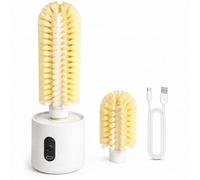 Nettoyant brosse à bouteilles électrique for tasses et verres | Abs + PP, verres et bouteilles de vin, nettoyage rotatif à 360°, 2 têtes de brosse, chargement de type C