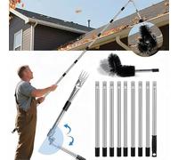 Nettoyeur de gouttières, 4 m, manche télescopique réglable avec tête pivotante à 180° et brosse interchangeable, 10 outils de nettoyage des feuilles - Pas besoin d'échelle