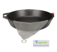Nettoyeur Fonte et Grattoir Durable - 15x15 cm Brosse à Mailles Fines 3,8 mm Upgraded, Acier INOX 316L Premium Anneaux Fins - pour Poêle, Wok, Casserole, Plancha, Grill (10''x10'')