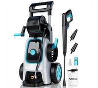 Nettoyeur Haute Pression 200 Bar / 600 L/h - Grandes Roues, poignée télescopique Type Valise, pulvérisateur Mousse 500 ML, raccords Rapides & Buses Quick-Connect - pour extérieur & Auto, Bleu