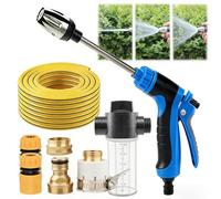 Nettoyeur Haute Pression Aquoxis, Pistolet de Nettoyage avec Tuyau d'arrosage, Accessoire de Nettoyage à Jet d'eau Haute Pression, buse réglable et 3 Modes pour terrasse (Washer Set + 15m Hose,Blue)