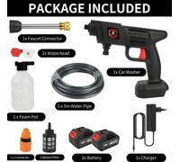 Nettoyeur haute pression mobile - Pistolet de lavage sans fil - 2 batteries 20 000 mAh - Tuyau de 5 m - Lance à mousse - Pour voiture et jardin - Prise UE - Argent