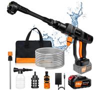 Nettoyeur haute pression - Modèle portable sans fil - 1 batterie - 4,0 Ah - Buse 6-en-1 - Moteur sans balais - Tuyau d'eau inclus - Idéal pour le nettoyage automobile