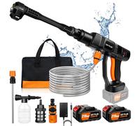 Nettoyeur Haute Pression Portable 45 Bar, Pistolet sur Batterie 3000mAh avec Pot à Mousse 300mL, Buse 6-en-1, Tuyau 5m - Autonomie 45 Min, Sac de Transport Inclus(avec 2 Batteries de 3,0 Ah)